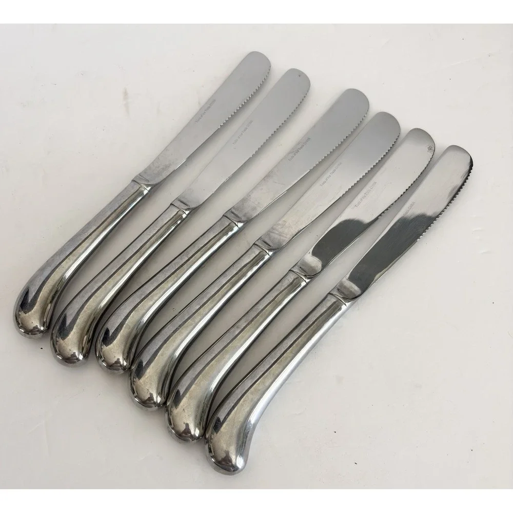 VTG Lot Of 6 Silver stainless Butter Dinner Knives Pistol Grip MCM Serrated